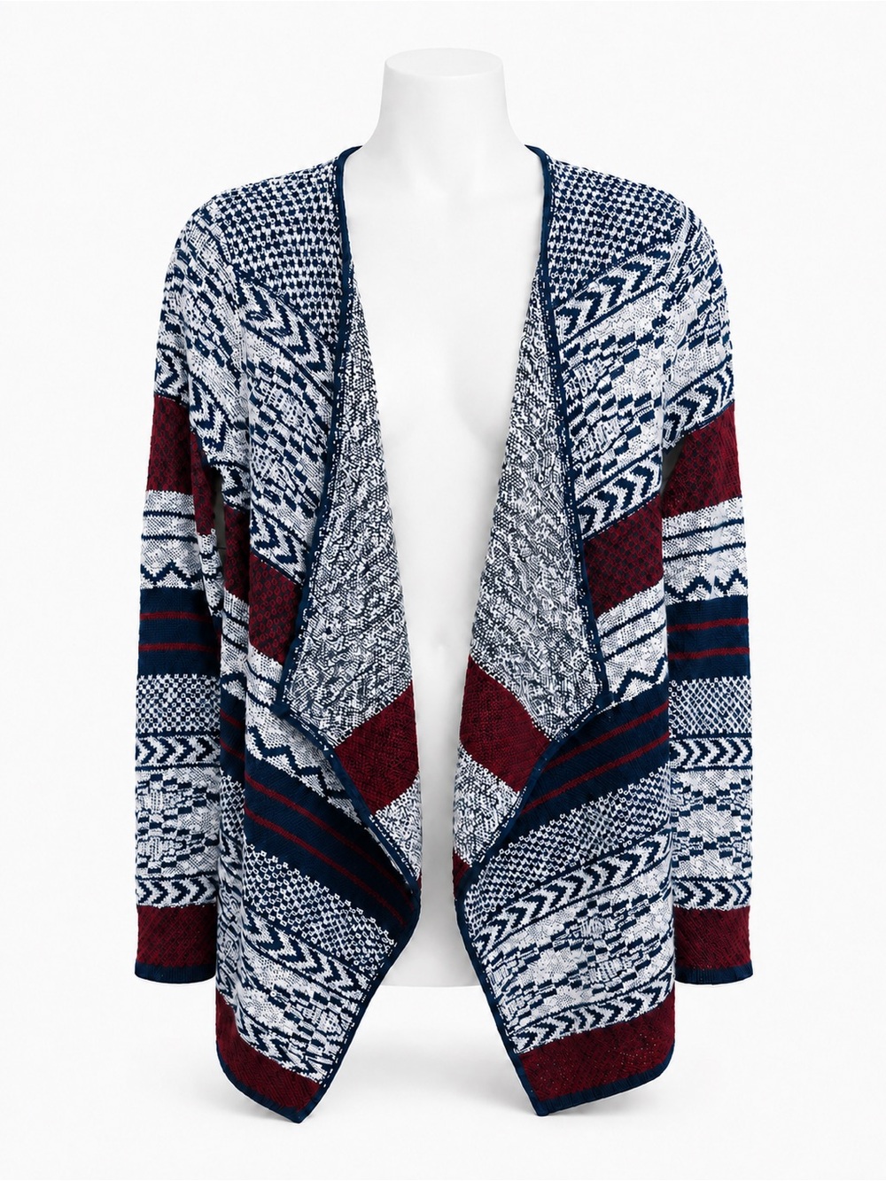 Say What? Open-Front Geometric Cardigan - Navy, Maroon, White
